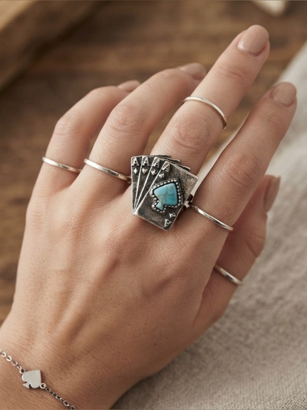 Silver Tone Stack of Aces Card Ring with Faux Turquoise Accent